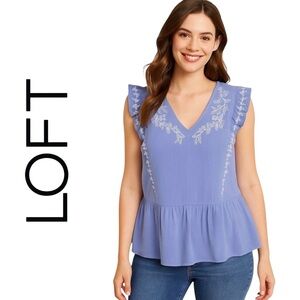 LOFT Blue Chambray Embroidered Peplum Blouse Ruffle Sleeves XL